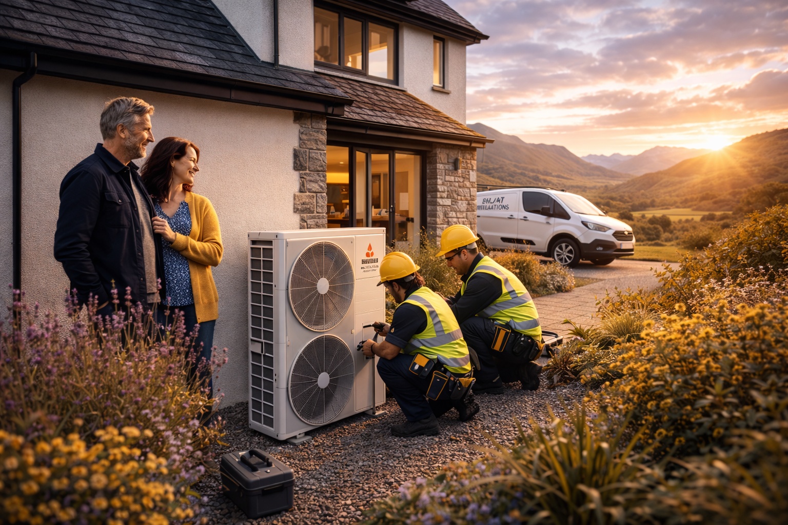 Heat pump installation by certified engineers at Scottish stone cottage with branded van