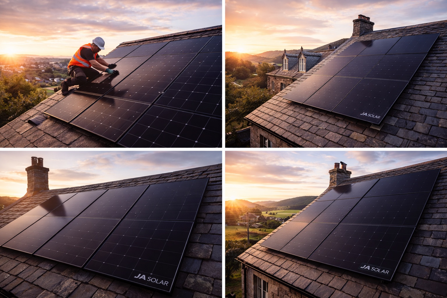 JA Solar black on black panels installed on Scottish slate roof with installer working