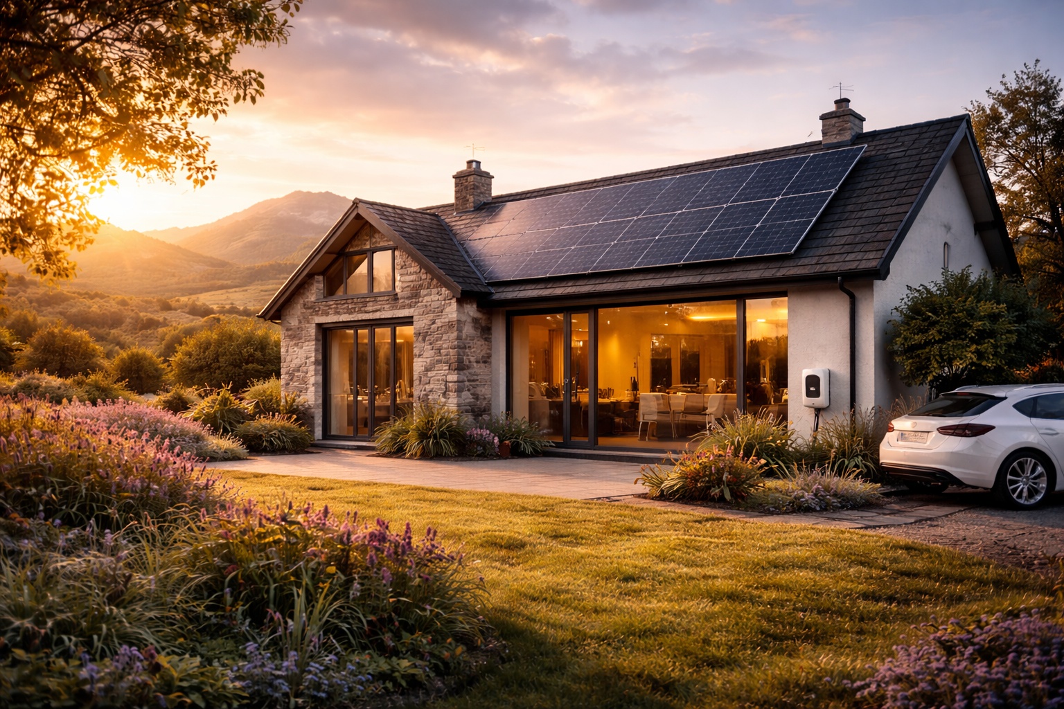 Scottish stone cottage with solar panels on slate roof at sunset in Highland landscape